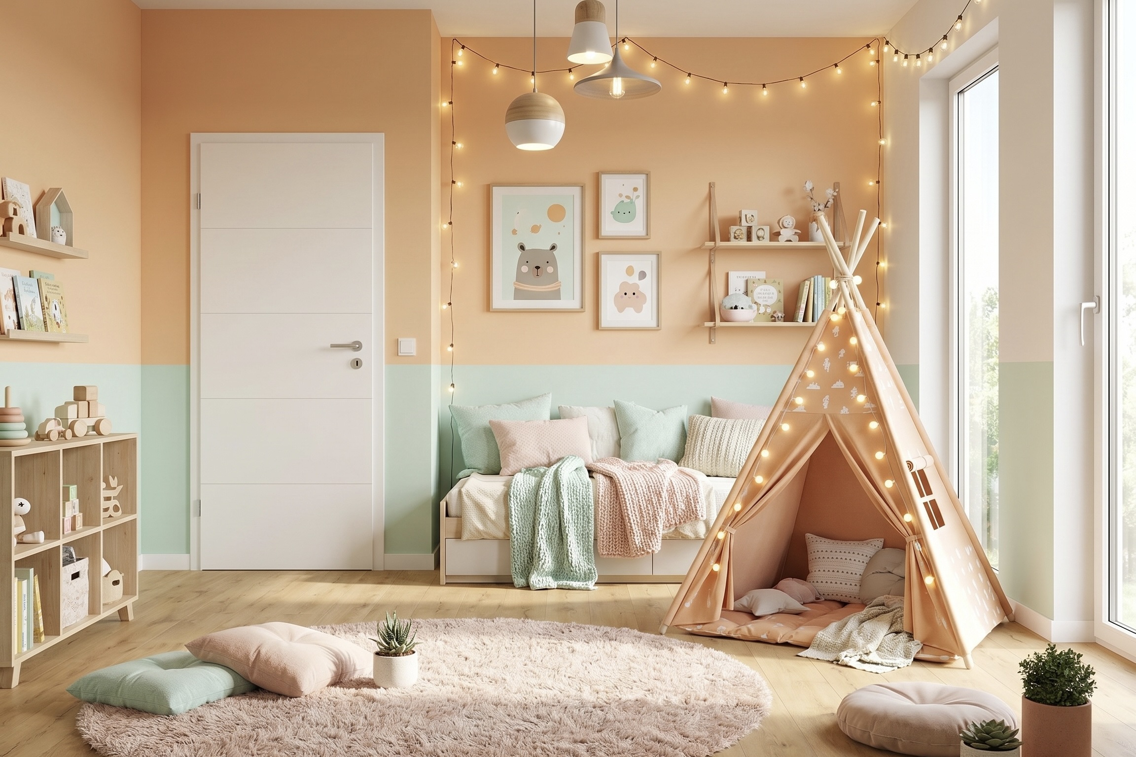 Fertig eingerichtetes Kinderzimmer mit weißer Innentür, hellem Boden und Spielzelt