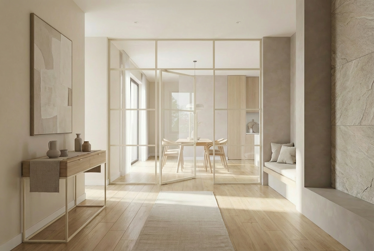 Heller Wohnbereich mit weißer Stahl-Loft-Tür, Glasfeldern und Holzoptik-Boden