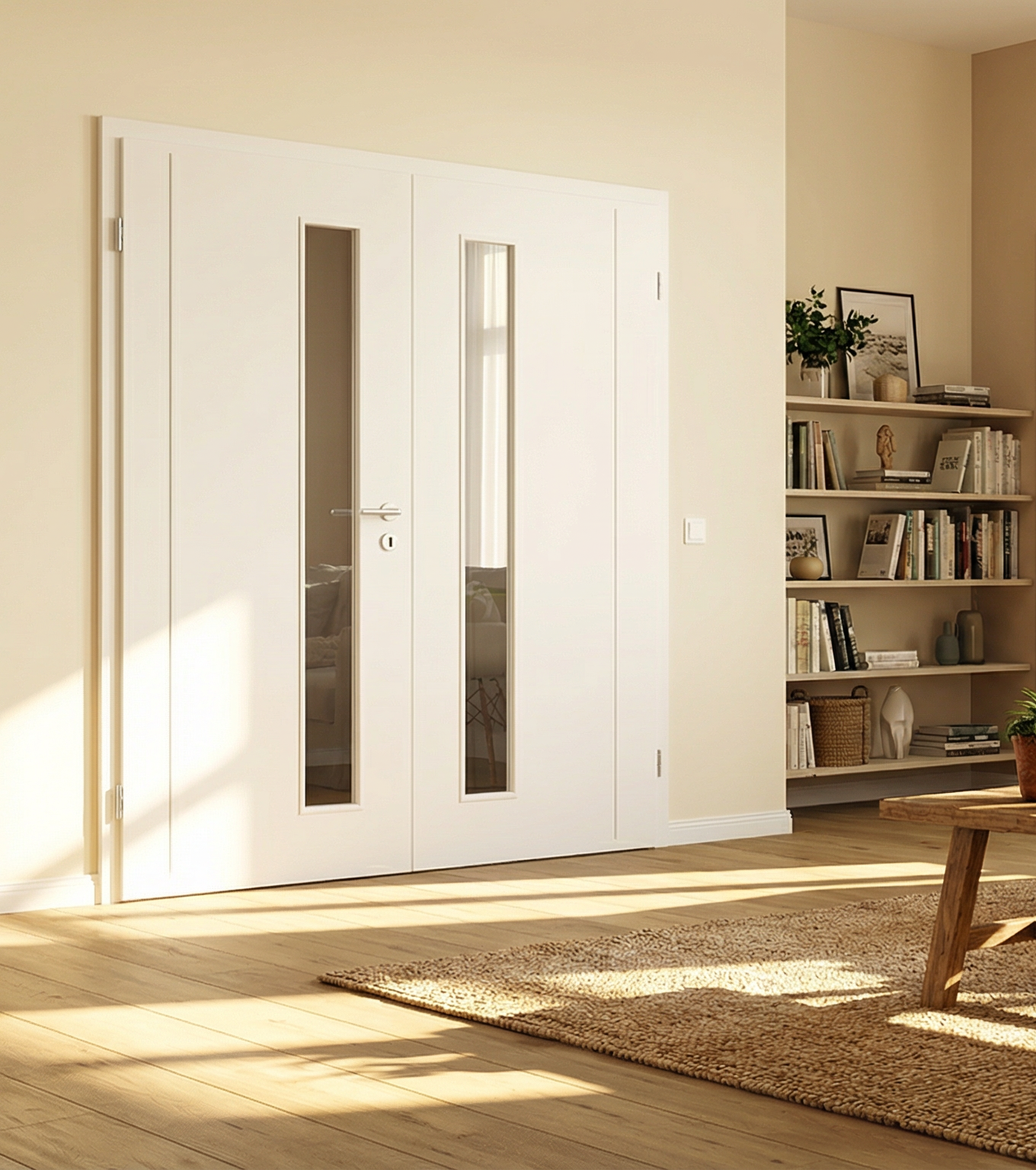 Helles Wohnzimmer mit weißer Doppeltür, Glasausschnitten, Sofa und hellem Boden