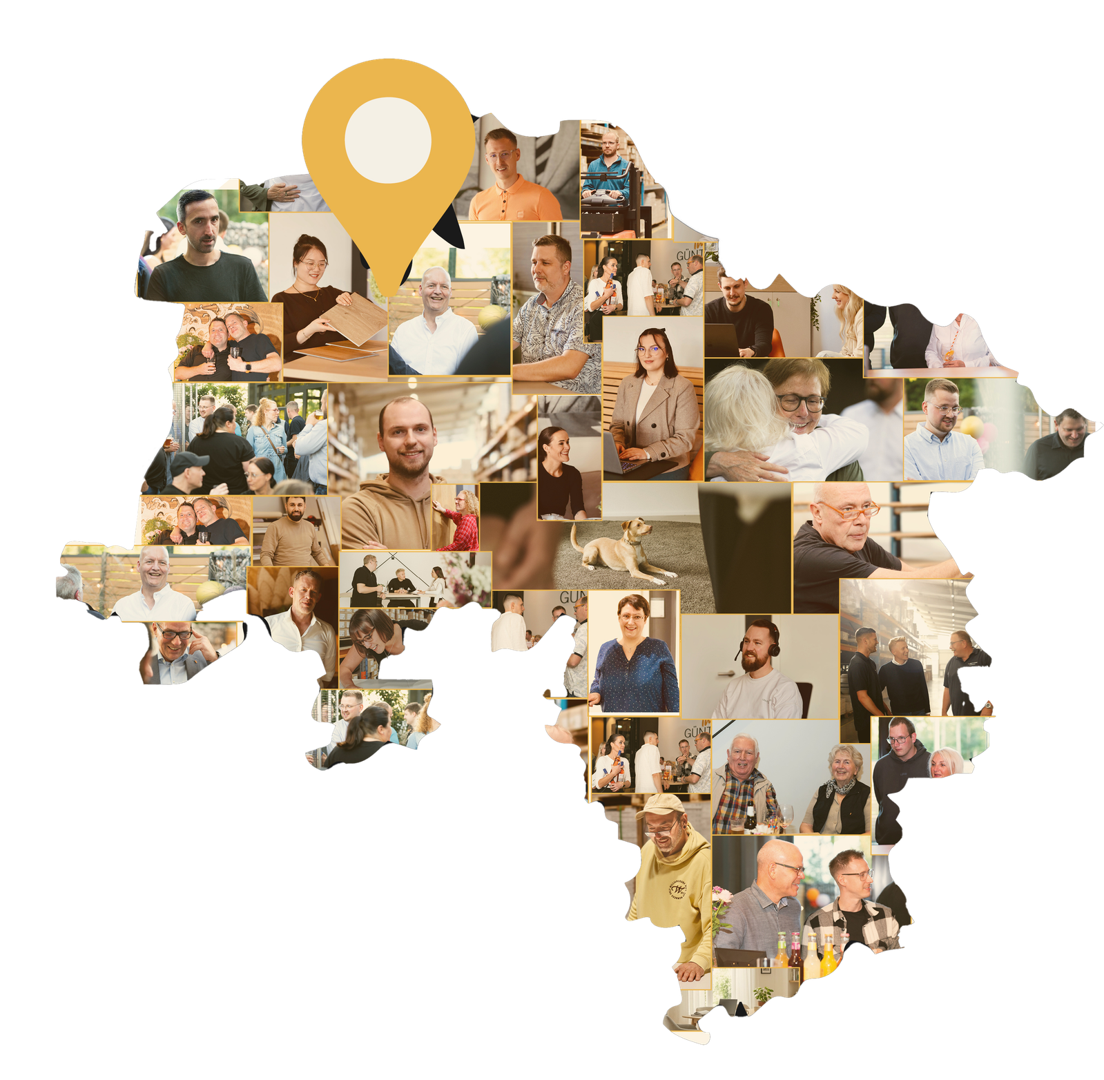 Stilisierte Standortgrafik mit Team-Collage und Standort-Pin für LOBO HOME in Wiefelstede