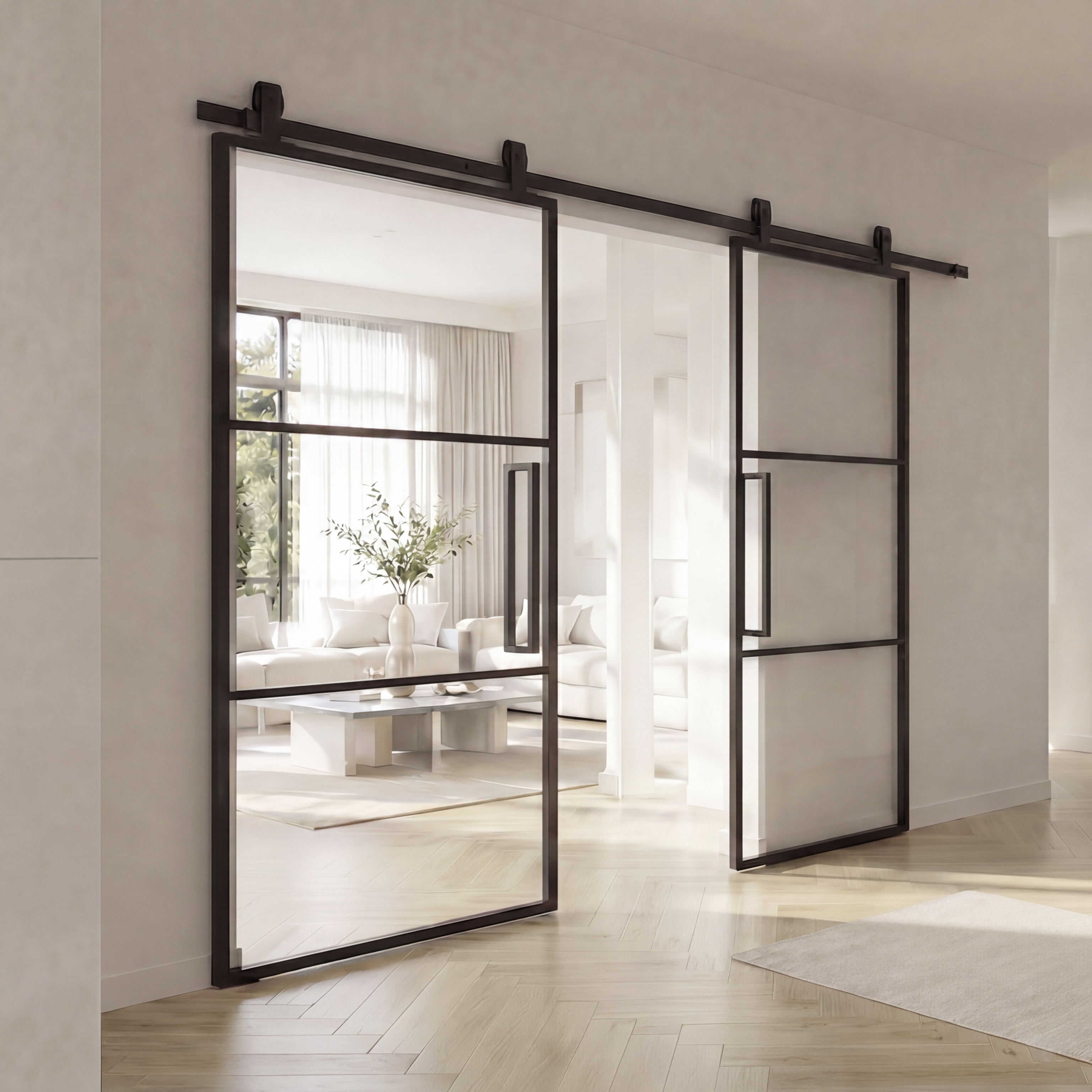 Schwarze Glasschiebetür im Loftstil mit Laufschiene in einem hellen Wohnbereich