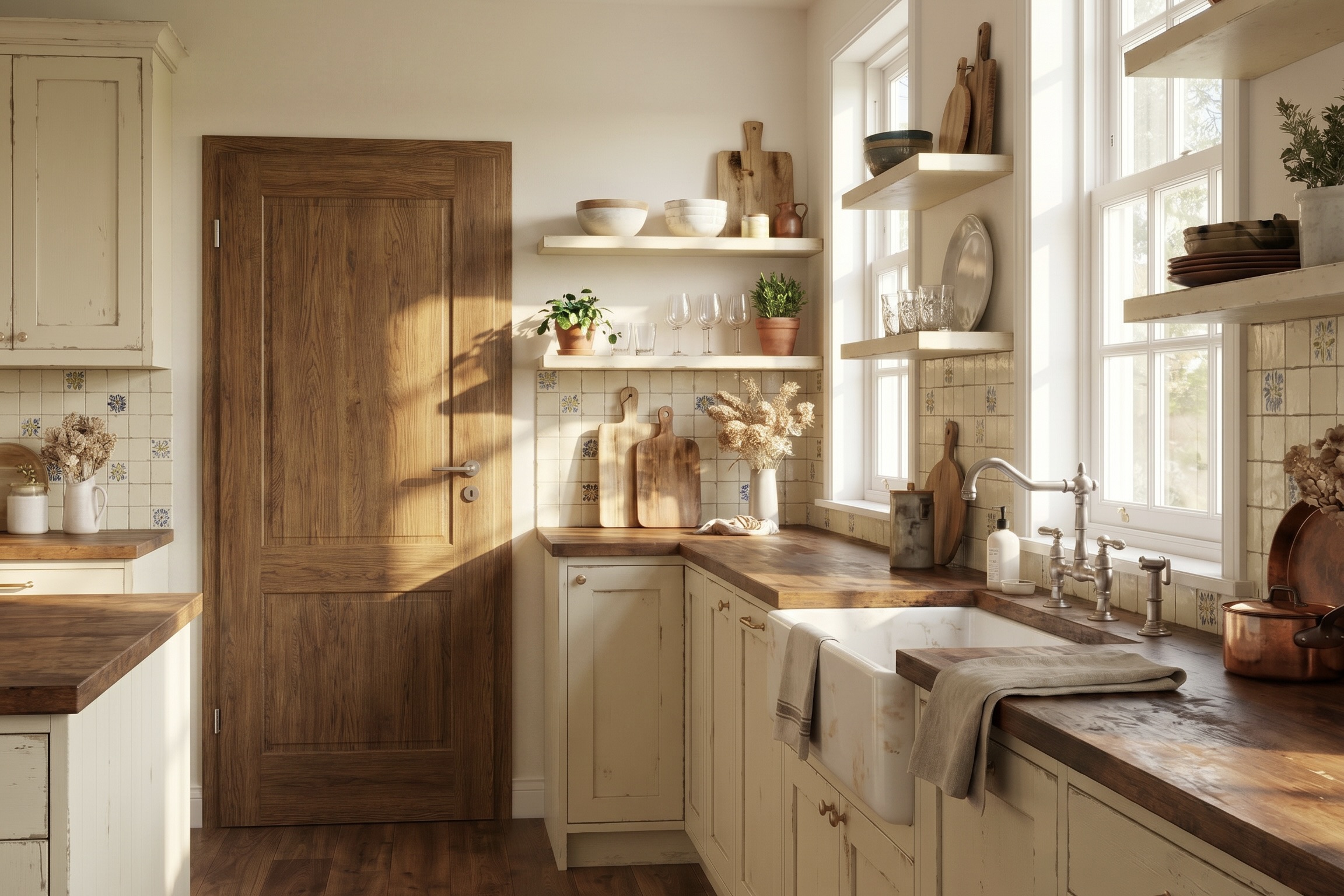 Helle Landhausküche mit Holztür, Holzfußboden, Holzarbeitsplatte und offenen Regalen