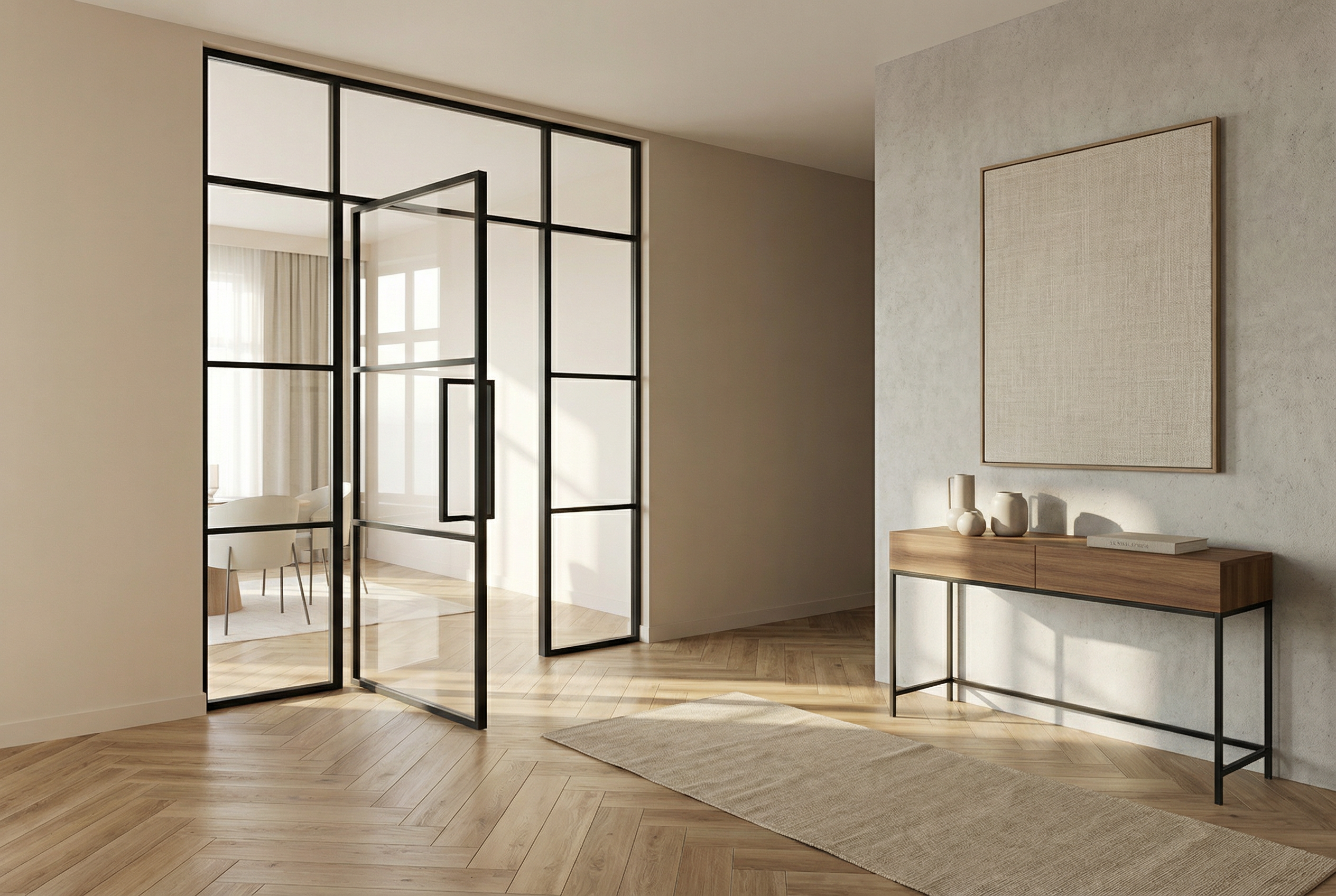 Moderner Wohnbereich mit schwarzer Stahl-Loft-Tür, Glasfeldern und hellem Fischgrätboden