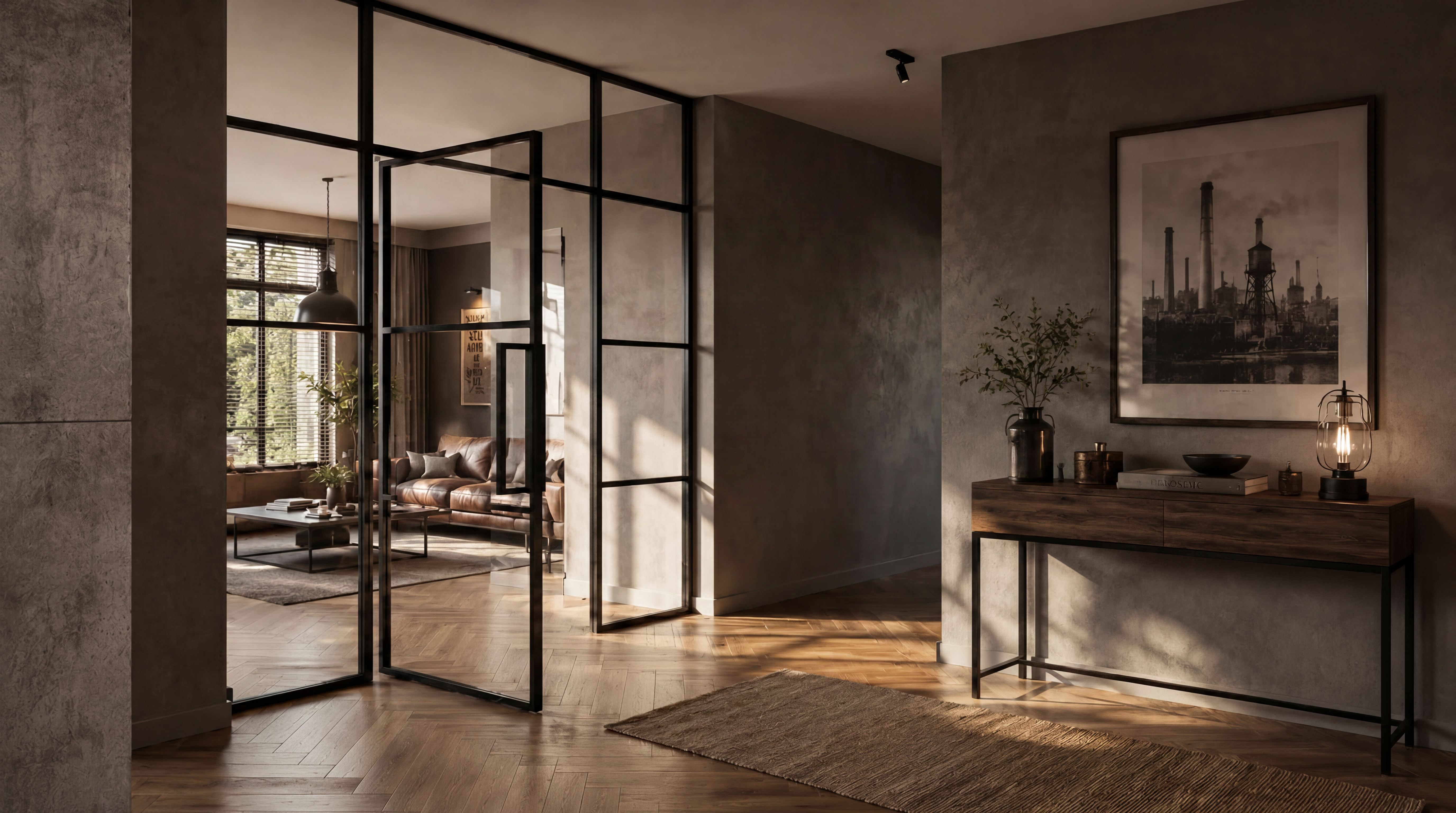 Wohnbereich im Industrie-Look mit schwarzer Stahl-Loft-Tür, dunklen Wänden und Holzboden