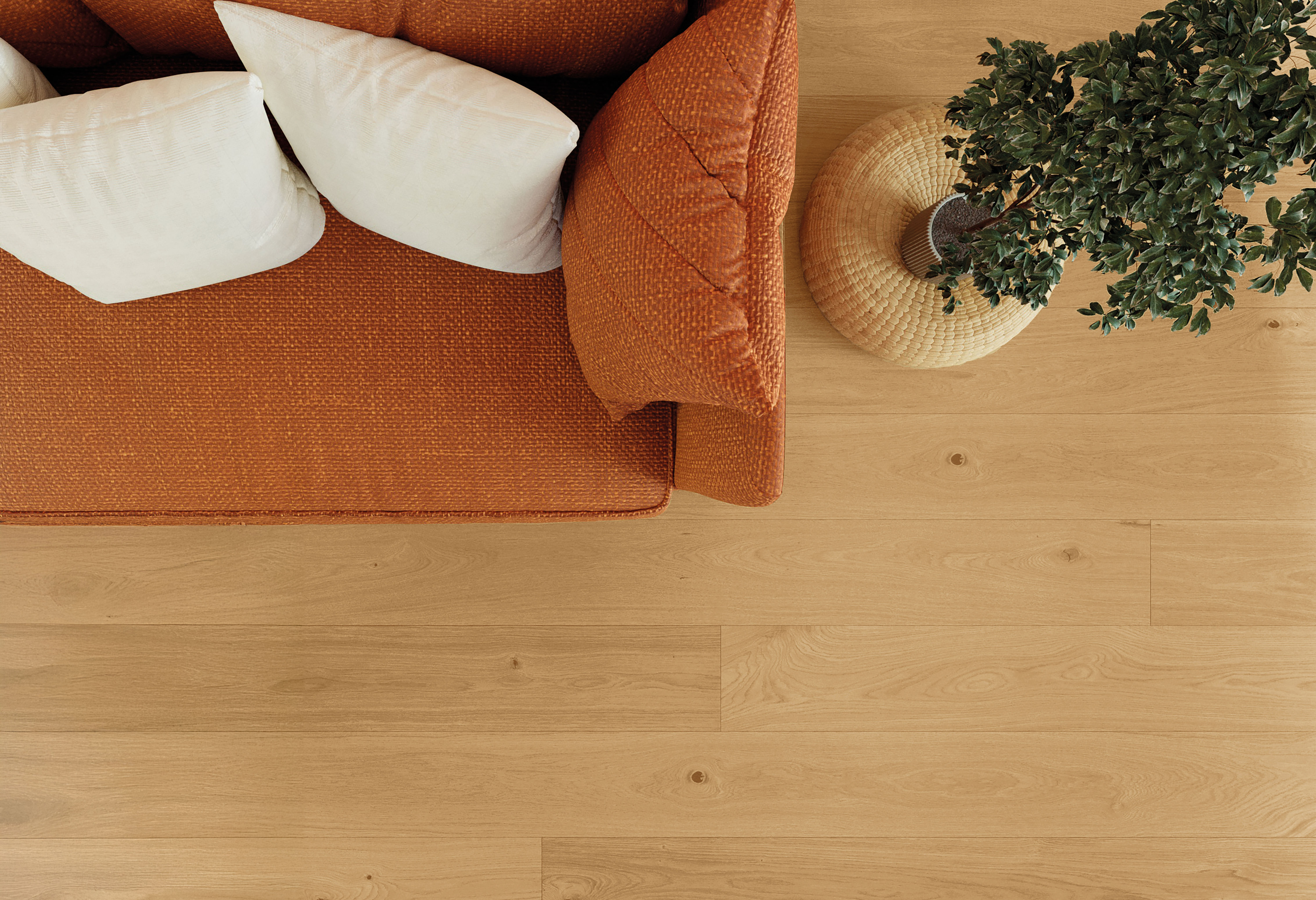 Wohnraum mit hellem Parkettboden Denmark, orangefarbenem Sofa, hellen Kissen und Pflanze