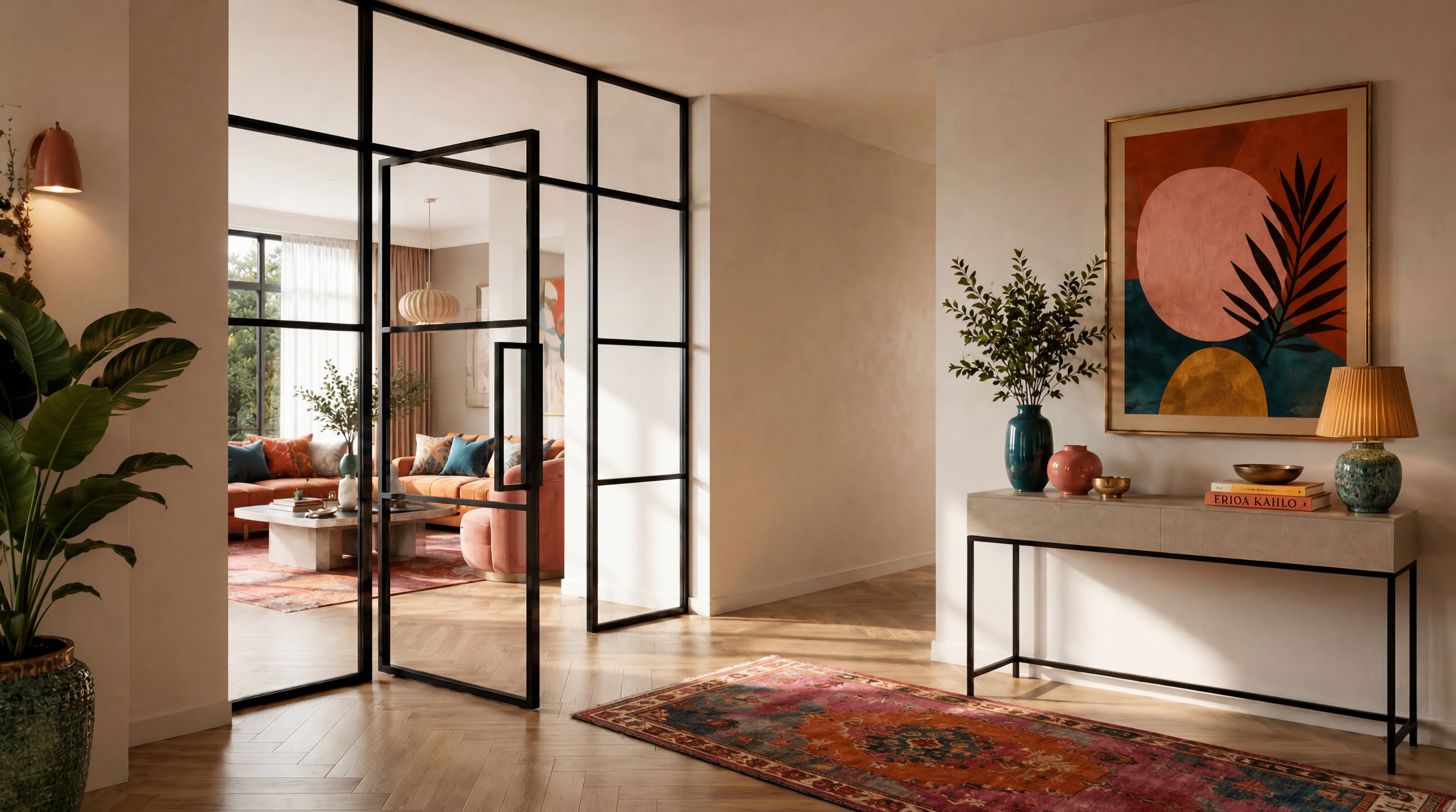Wohnbereich mit schwarzer Stahl-Loft-Tür, farbigem Teppich, buntem Wandbild und warmen Wohnakzenten