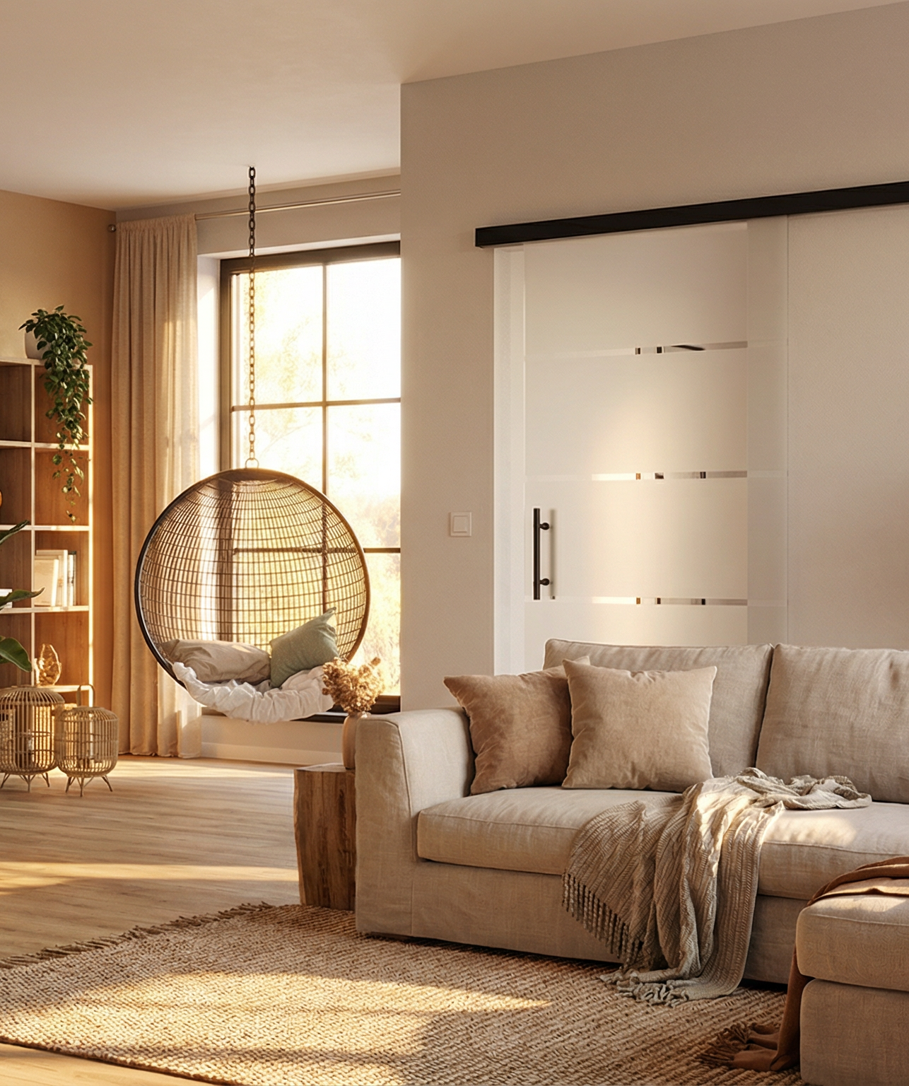 Wohnraum mit moderner Glastürlösung, hellem Boden, Sofa und natürlicher Einrichtung