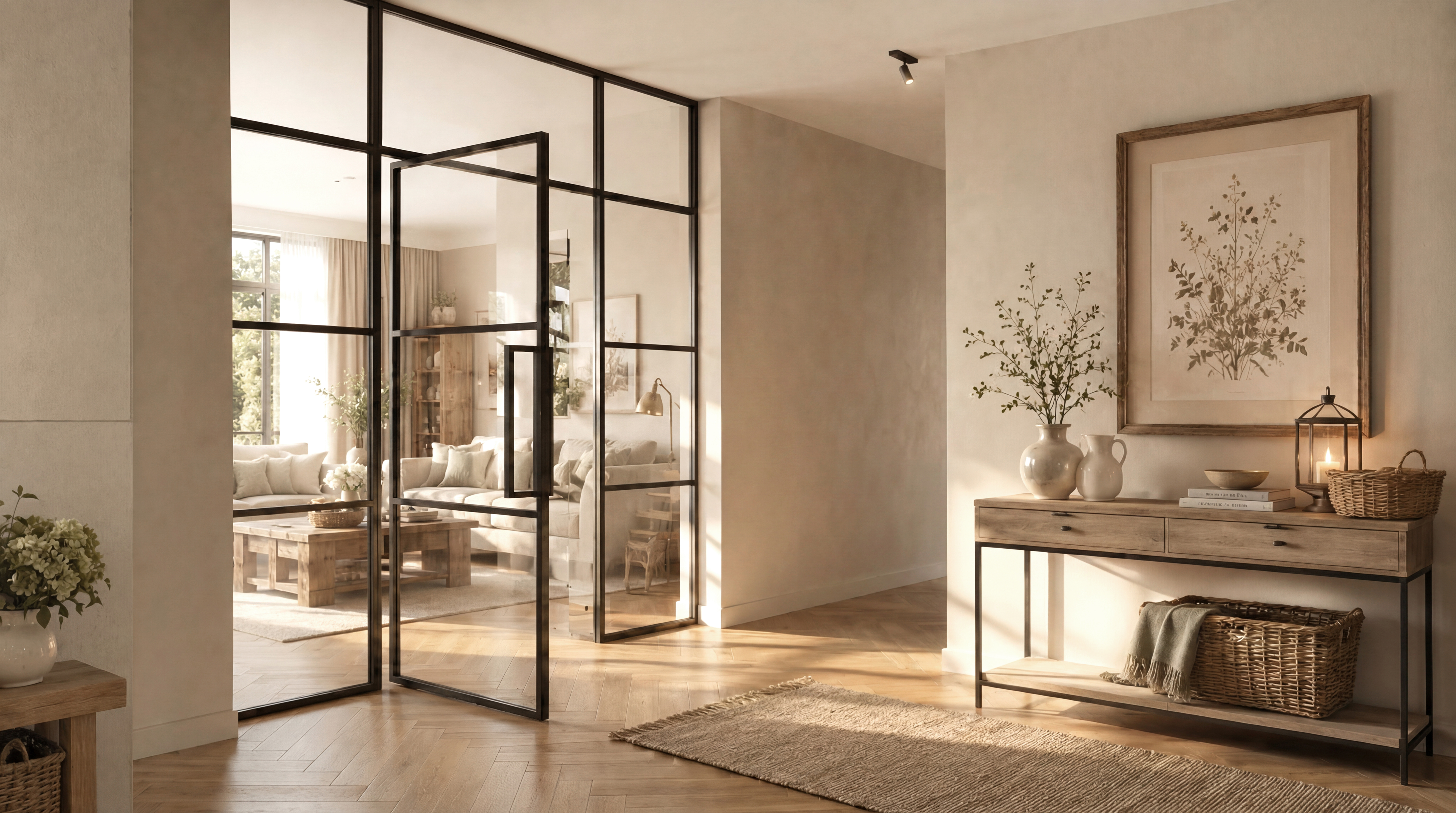 Wohnbereich im Landhausstil mit schwarzer Stahl-Loft-Tür, Holzmöbeln und warmem Licht