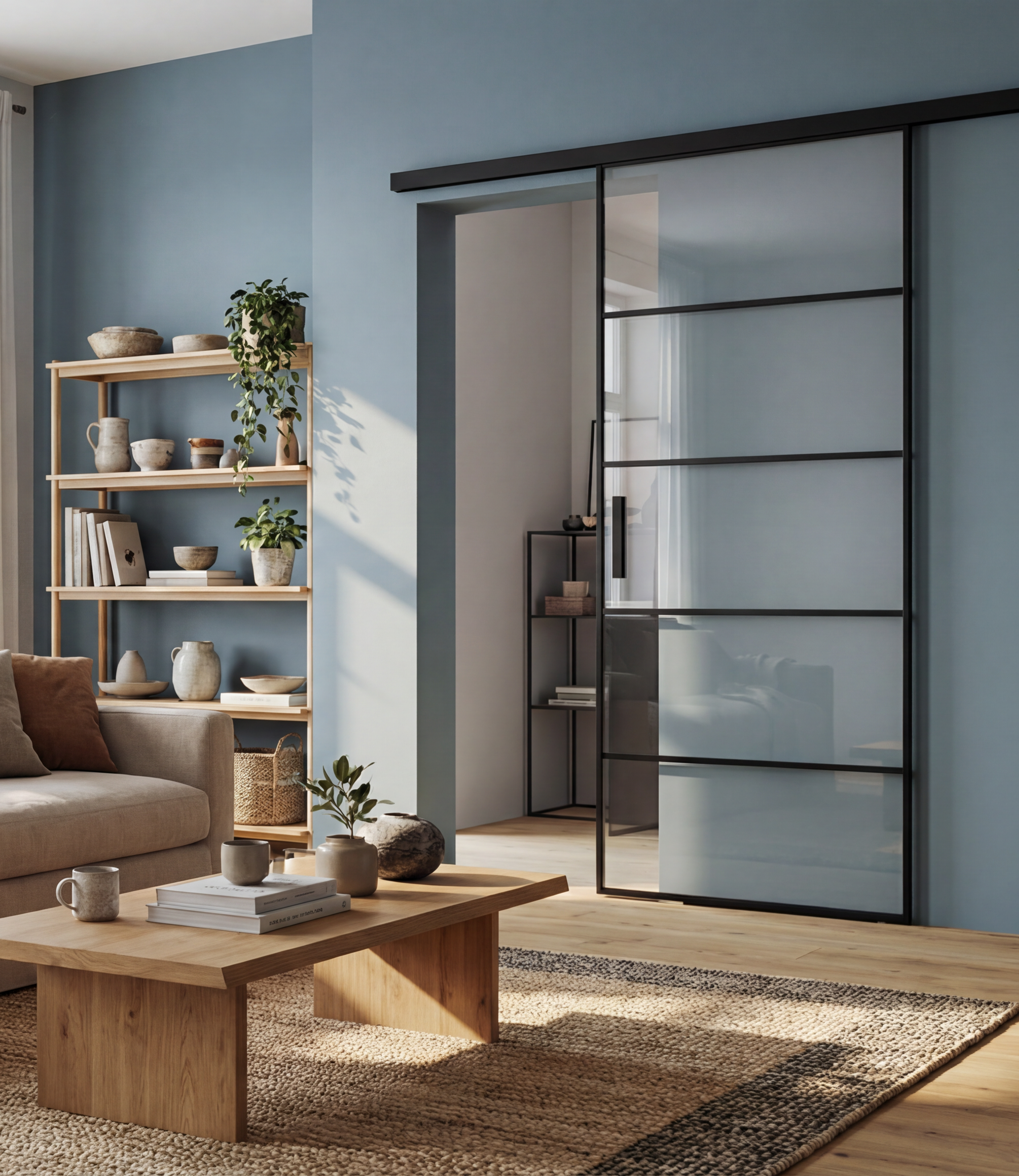 Wohnzimmer mit schwarzer Glasschiebetür, hellem Boden und moderner Einrichtung