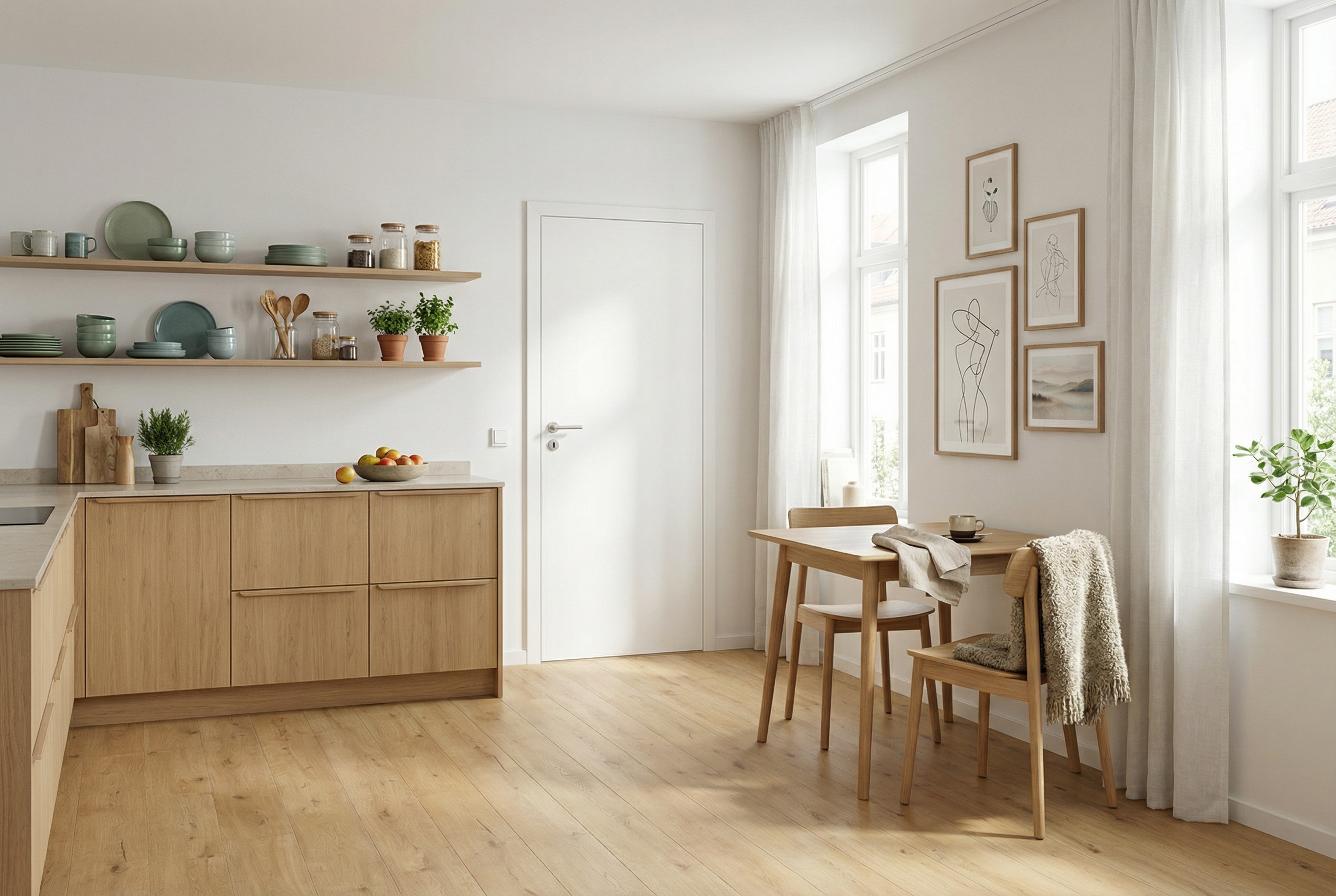 Helle Küche mit Holzoptik-Boden, weißer Innentür und Essbereich im skandinavischen Stil
