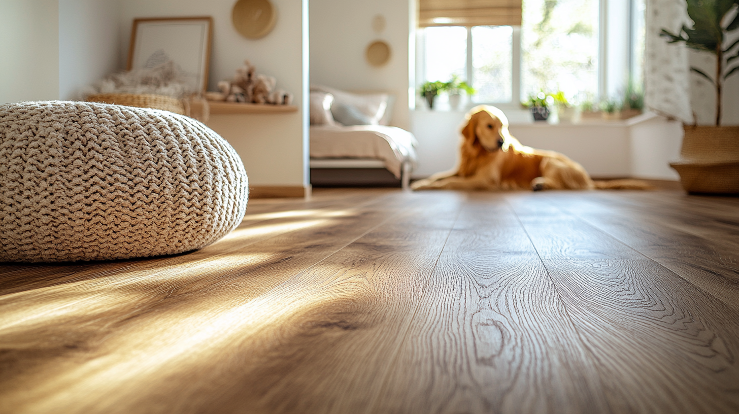 Nachhaltiger Holzfußboden in hellem Wohnraum mit Hund – zertifiziert mit Blauem Engel und QNG ready