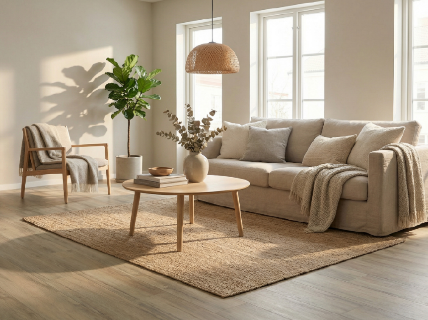 Helles Wohnzimmer mit Sofa, Teppich und Boden in Holzoptik