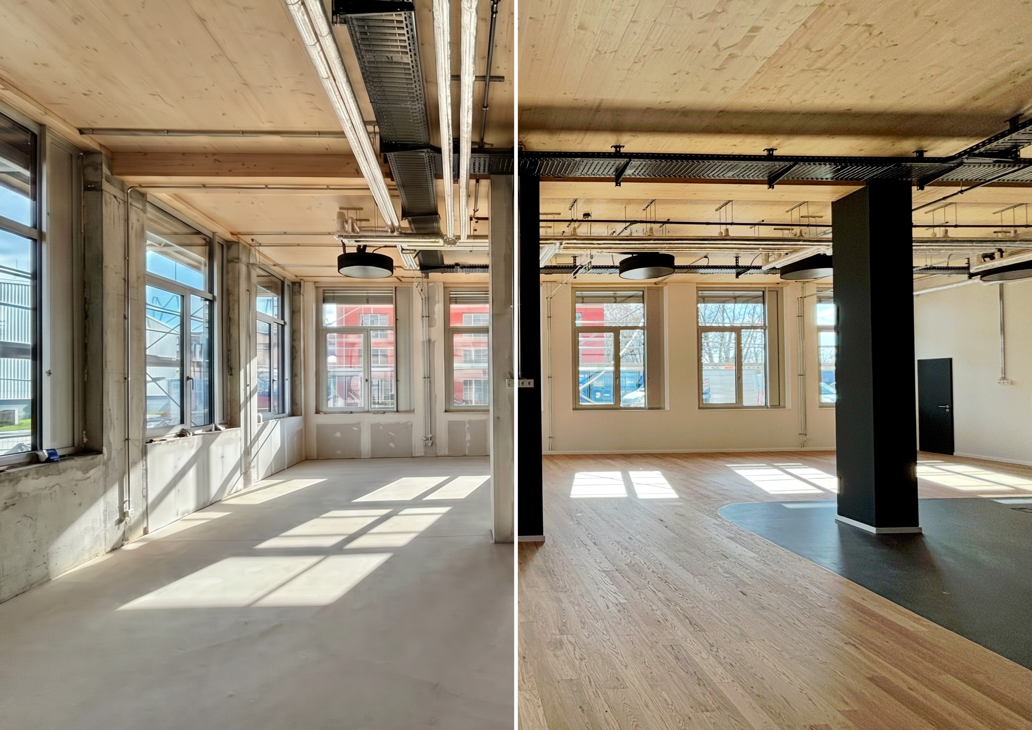 Vorher-Nachher-Vergleich einer Bürofläche im Lighthouse Bremen mit hellem Holzoptik-Boden und offenen Deckeninstallationen