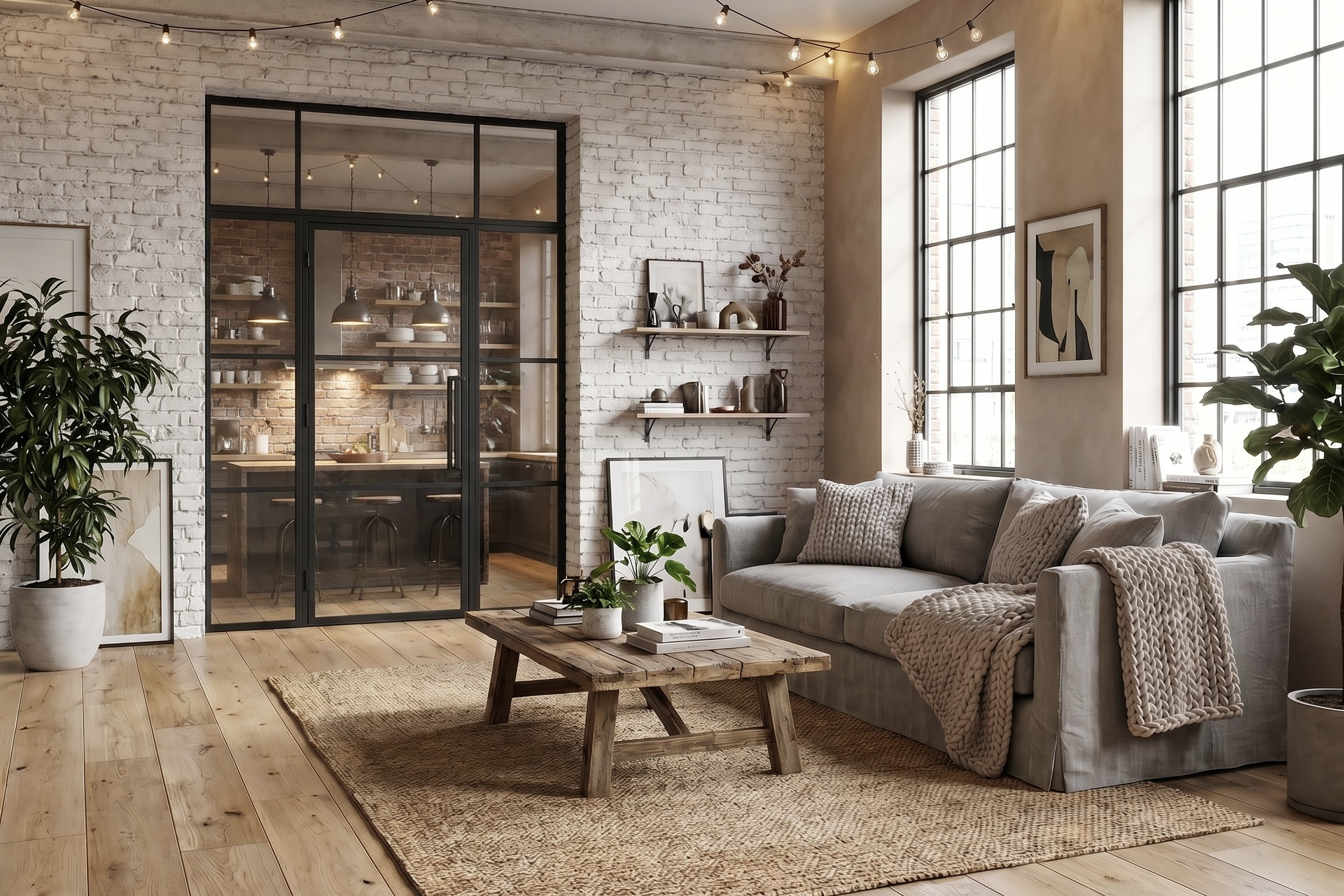 Nachher-Ansicht eines Wohnraums mit schwarzer Klarglas-Trennwand, hellem Holzboden und Industrial-Stil