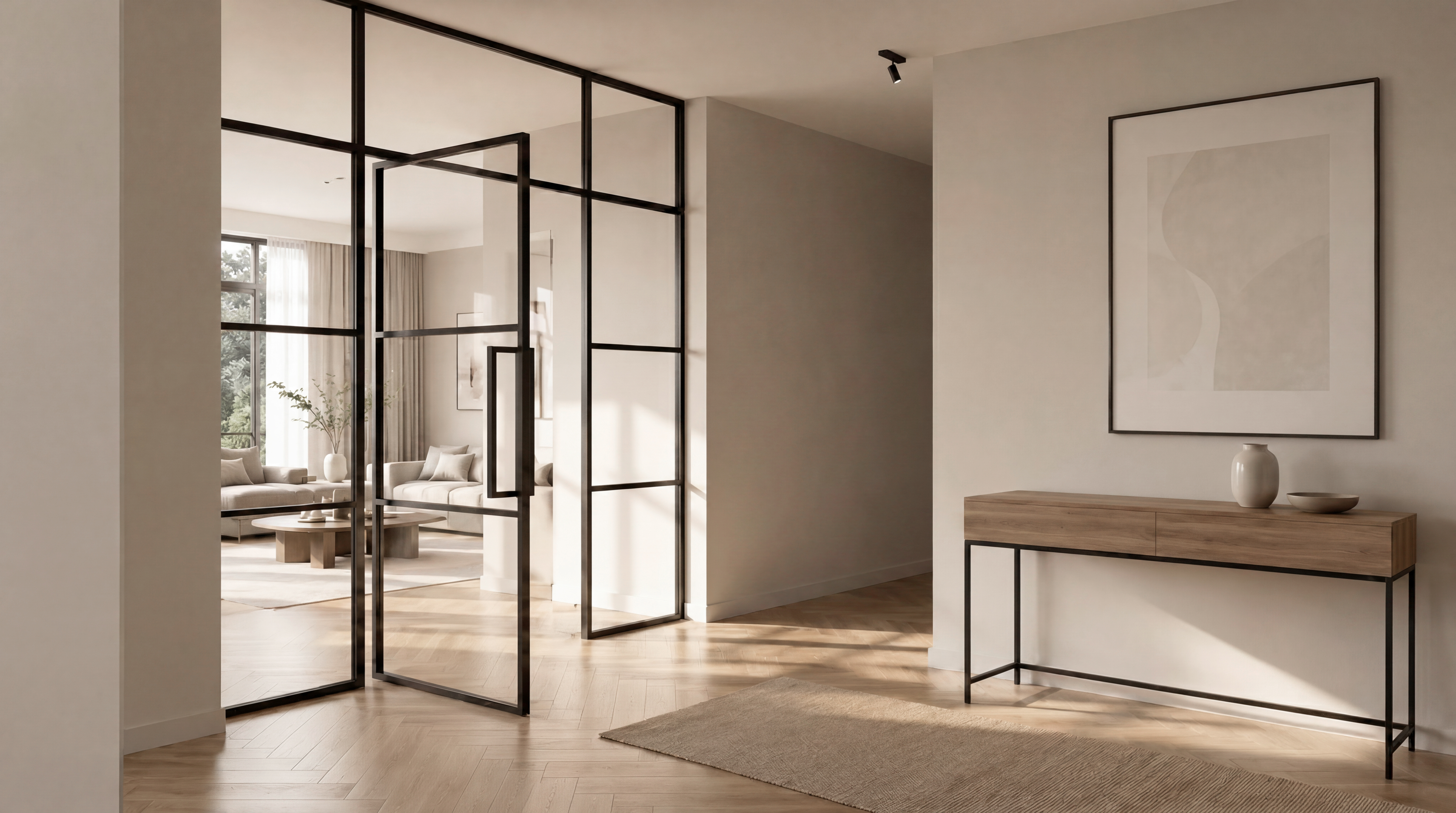 Minimalistischer Wohnbereich mit schwarzer Stahl-Loft-Tür, hellem Boden und reduzierter Einrichtung