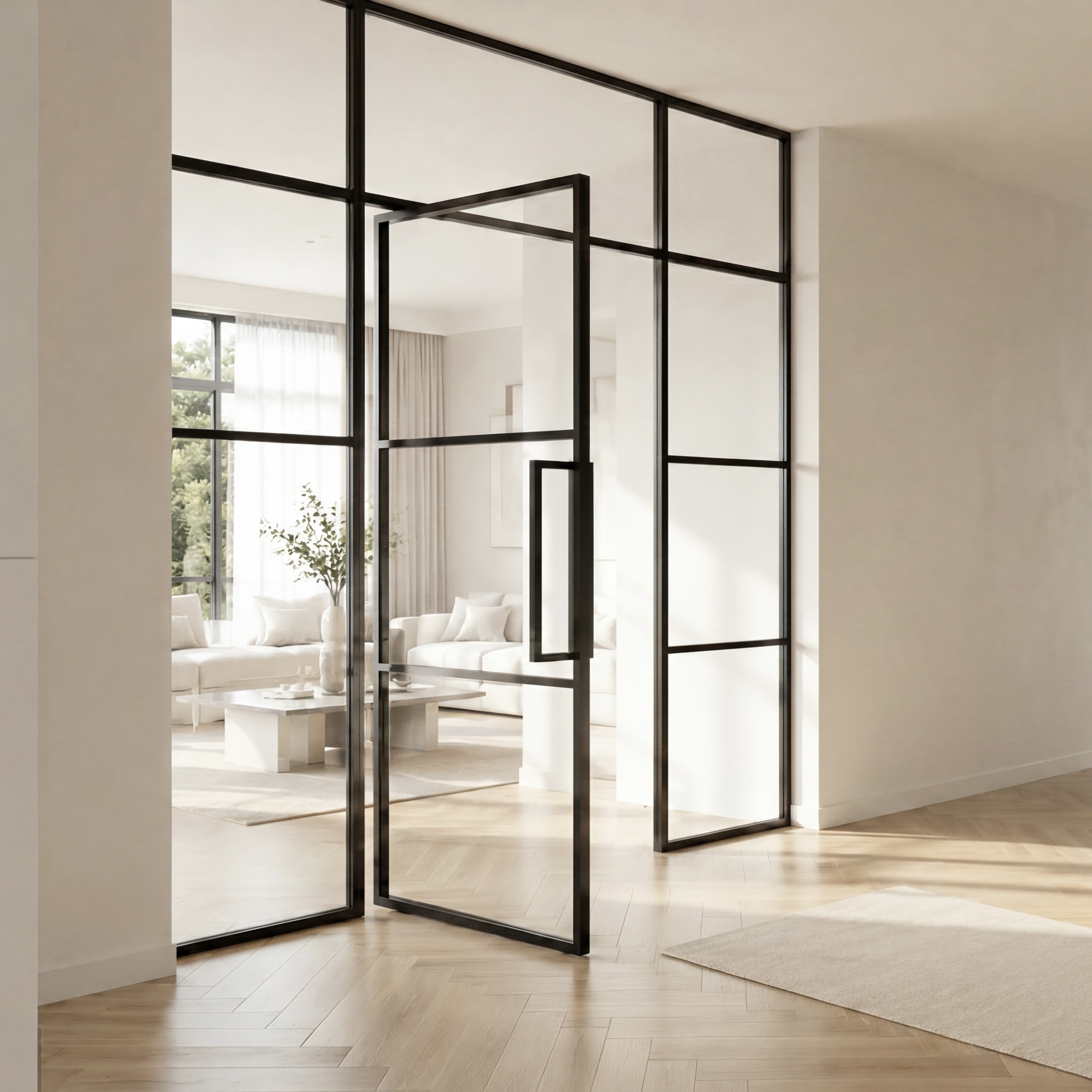 Feststehendes Glaselement im Loftstil mit schwarzem Rahmen in einem hellen Wohnbereich