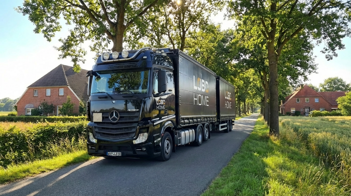 LOBO HOME Lkw auf einer ländlichen Straße als Symbol für bundesweite Logistik