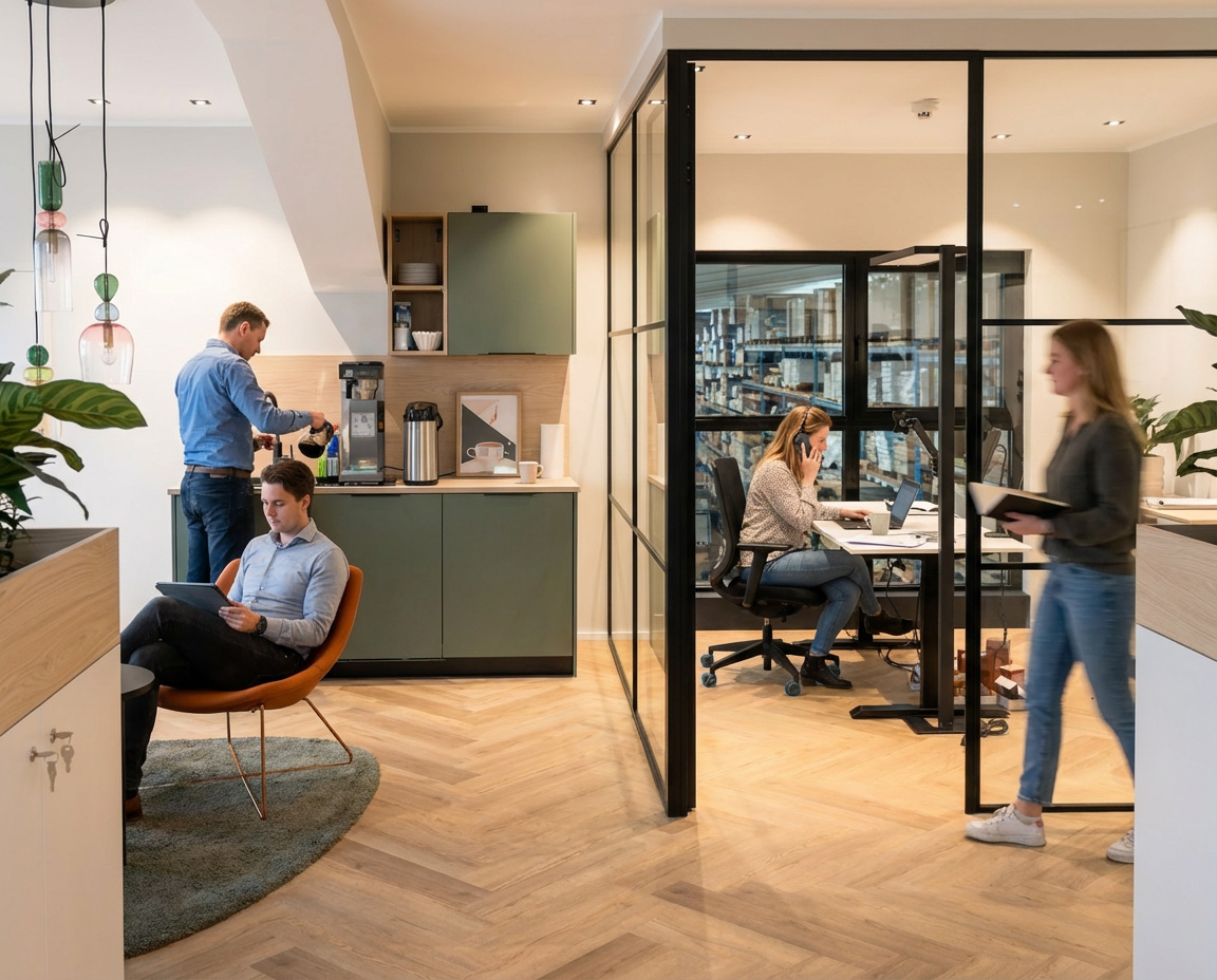 Moderner Arbeitsbereich mit Teeküche, Glasbüros und Mitarbeitenden bei LOBO HOME